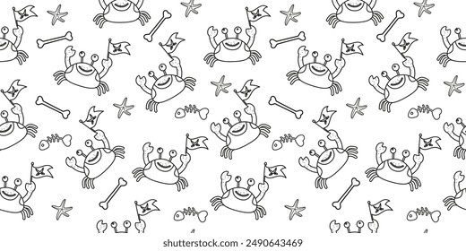 Crab outline pirate character seamless pattern in flat design 