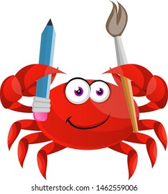 Crab with paintbrush, illustration, vector on white background.