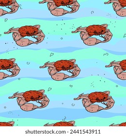 Crab pattern, beaches. Seamless illustration of summer beach cute crab realistic as blank for designer, logo, icon, wrapping paper, textile