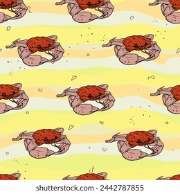 Crab pattern, beaches. Seamless illustration of summer beach cute crab realistic as blank for designer, logo, icon, wrapping paper, textile