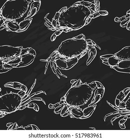 crab pattern including seamless on black background. Hand drawn crab vector. seafood with clipping path. seafood sketch.