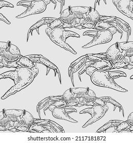 Crab pattern seamless hand drawing sketch. linear sea cancer background. Baby fabric ornament