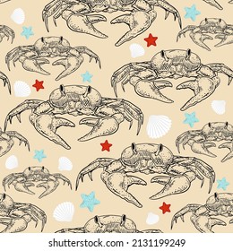 Crab pattern seamless hand drawing sketch. linear sea cancer background. Baby fabric ornament