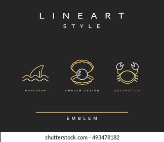 Crab, pearl, and fin emblem in linear style. Seafood Elegant emblem design illustration. Marine life icon / Seafood logo decorations design element
