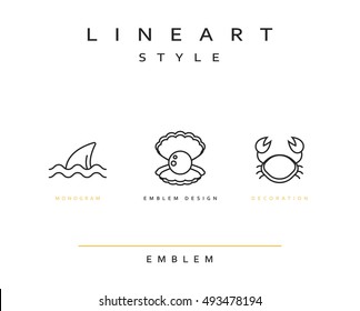 Crab, pearl, and fin emblem in linear style. Seafood Elegant emblem design illustration. Marine life icon / Seafood logo decorations design element