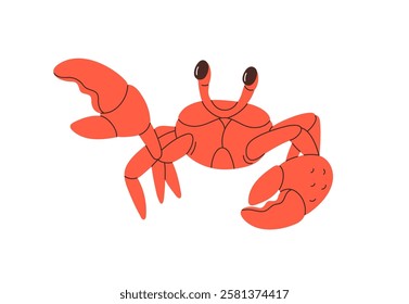 Crab with pincers waving. Cute marine crustacean catching with claw. Sea animal. Underwater ocean fauna. Water crawfish. Exotic tropical flat graphic vector illustration isolated on white background