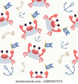 Crab pirate character seamless pattern in flat design 