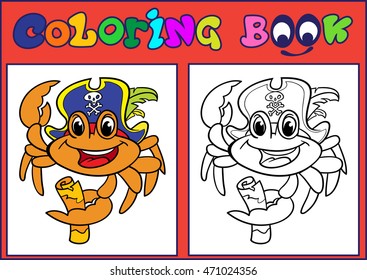 Crab, pirate map. Coloring. Cartoon Vector Illustration.