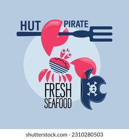 Crab Pirate, sailor. Pirates hut. Angry Crab. Funny crab character with dissatisfied look. Design for emblems, posters, signs. Idea for business project, restaurant, seafood store. Vector illustration