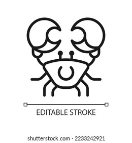 Crab pixel perfect linear icon. Fourth astrological sign. Cancer zodiac animal. Marine arthropod. Thin line illustration. Contour symbol. Vector outline drawing. Editable stroke. Arial font used