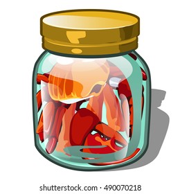 The crab is placed in a glass jar isolated on white background. Vector illustration.
