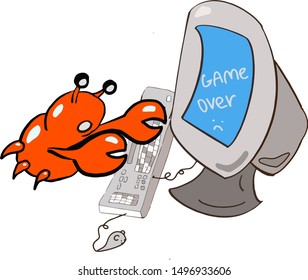 Crab playing on pc computer games vintage little cute crab