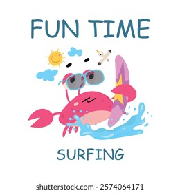 Crab print design. Positive sea ocean animal with surfboard. Summer scene for clothes cards poster, funny childish mascot swimming, nowaday vector character