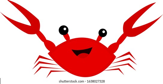 Crab red cartoon character with black shiny eyes and a cute smile concept of sea inhabitants and seafood object on a white background logo for design