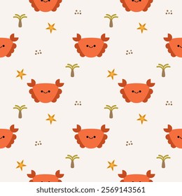 Crab red cartoon so cute. On tree starfish background. Pattern seamless vector illustration. 