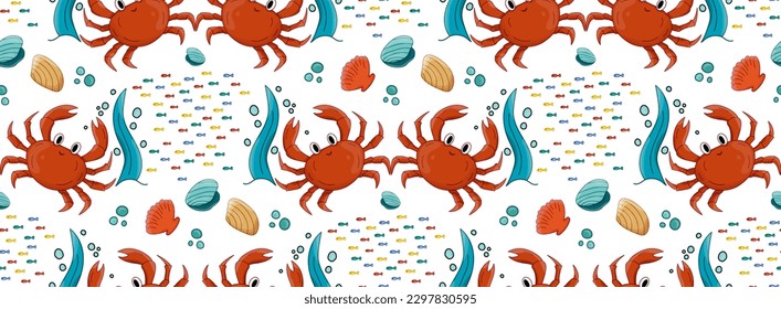 Crab red, school of fish, shell seamless vector pattern. Marine life. Sea anima Inhabitants. Cartoon style, hand drawn childish illustration for marine concept design. Wallpaper, background, cover.