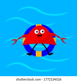 crab resting on a rubber Circle floating on the sea. vacation and resort season concept