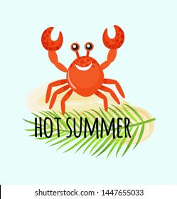 Crab with rising claws, marine smiling animal standing on sand. Hot summer postcard decorated by leaf of fern and water character in flat style vector. Summertime funny banner