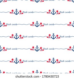 Crab Sailor. Anchor. Vector character. Funny red crab on the striped background for textiles 