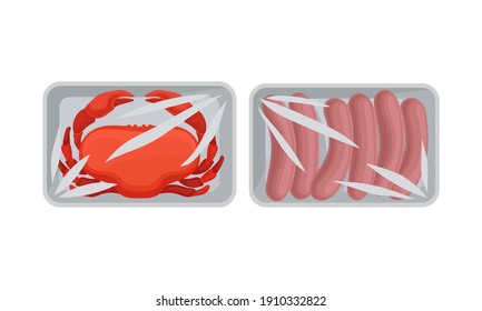 Crab and Sausages in Plastic Serving Tray Vector Set
