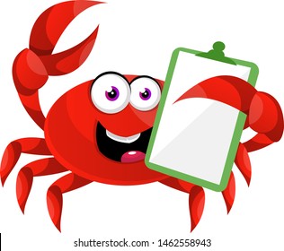 Cangrejo con nota de programación, ilustración, vector sobre fondo blanco.