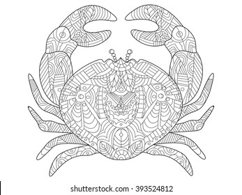 Crab sea animal coloring book for adults vector illustration. Anti-stress coloring for adult. Zentangle style. Black and white lines. Lace pattern