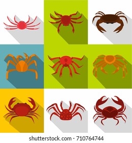 Crab sea animal icon set. Flat style set of 9 crab sea animal vector icons for web design
