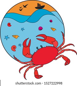 Crab in sea illustration. Crab template in color shapes. Crab in ocean with boat, waves, water and shells. Creative Crab logo icon design. 