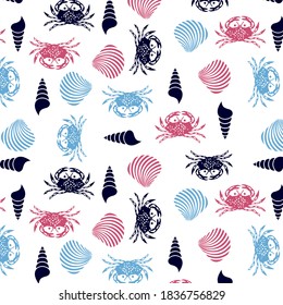 Crab, sea minaret, seashell pattern for kids print
