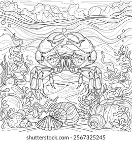 Crab in the sea.Coloring book antistress for children and adults. Illustration isolated on white background.Zen-tangle style. Hand draw