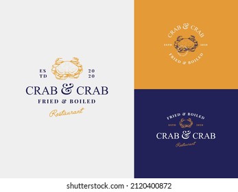 Crab seafood Hand Draw Logo Template with Premium Vintage Typography. Stylish Vintage Vector Emblem Concept.