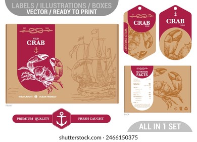 Crab seafood Premium quality package design set featuring modern hand drawn illustrations and labels set. Seafood in old cartoon style