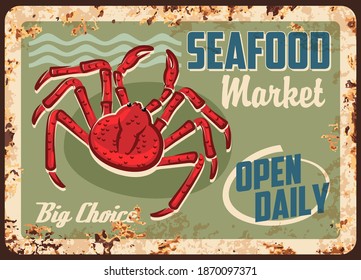 Crab seafood rusty metal plate of vector sea food market. Red crab grunge tin sign board of ocean animal, crustacean or shellfish with long claws and water waves, seafood restaurant design