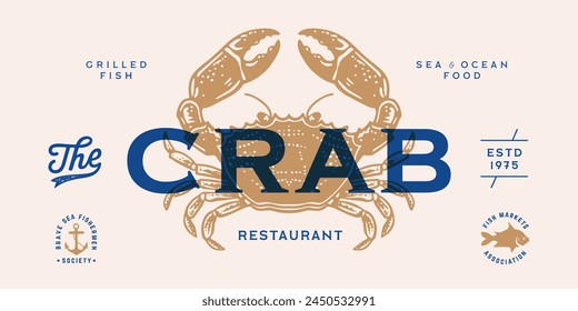 Crab, seafood, sketch. Vintage retro print, seafood crab sketch, logo sign template, ink pencil style drawing, engrave old school. Sketch artwork crab, template sign, logo, symbol. Vector Illustration