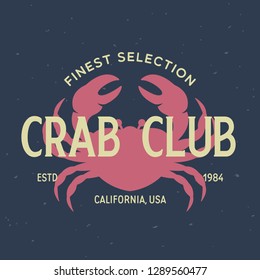 Crab, seafood. Vintage icon crab label, logo, print sticker for Meat Restaurant, butchery meat shop poster with text, typography crab, seafood. Crab silhouette. Poster, banner. Vector illustration.