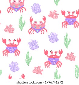 Krabbe nahtlos in handgezeichnet Stil. Cute Summer nahtloser Hintergrund. Cartoon-Tierdoodle.