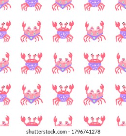 Crab seamless in hand drawn style. Cute Summer seamless background. Cartoon animal doodle.