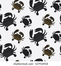 Crab seamless pattern with hand drawn textures. Vector illustration with dark gray, yellow and blue.  Crab silhouette