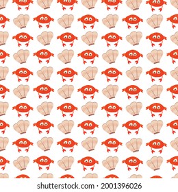 crab and seashell pattern. Cute cartoon print for baby textiles and beach products. Background with marine life. Vector illustration, flat