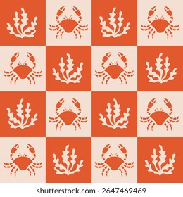 Crab and Seaweed Seamless Pattern. Modern Sea life Checkered Background with Marine Animal on Red Chessboard. Repeat vector illustration in minimalist style