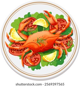 Crab served with lemon, lettuce, and tomatoes