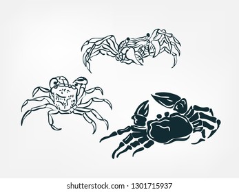 crab set collection japanese chinese oriental vector ink style design elements illustration