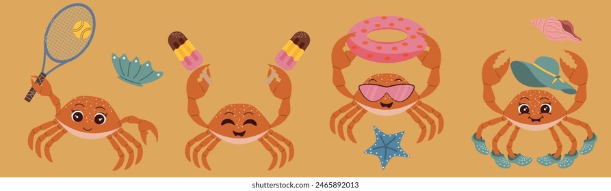 Crab set on the beach. Cute crab playing tennis, swimming, eating ice cream. Summer, beach, sand. Illustrations for your design, stickers, banners, postcards, web, print