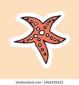 the crab. shark. the starfish. marine. animals. fish. vector. sticker. doodle drawing. retro palette. with a white outline.