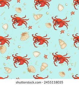 Crab, shells, beach. Bright summer retro pattern. For printing on prints, t-shirts, logos, sportswear, packaging paper