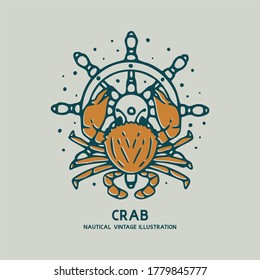 crab with ship's wheel nautical vintage illustration