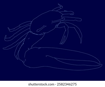 A crab is shown in a blue background. The crab is drawn in blue. The crab is shown in a relaxed position, with its claws spread out. The image has a calm and peaceful mood