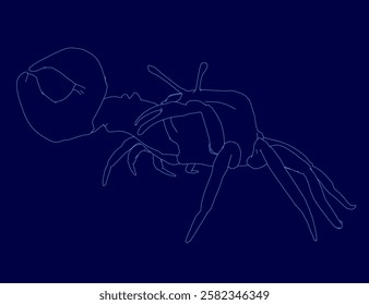 A crab is shown in a blue background. The crab is drawn in blue. The crab is shown in a relaxed position, with its claws spread out. The image has a calm and peaceful mood