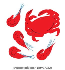 Crab and shrimp vector abstract flat illustration. Seafood ingredients icon. Hand drawing crab and shrimp. Can be use for restaurants menu, cover, packaging.