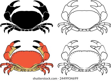 Crab sign, crab logo, cooked crab silhouette and outline.